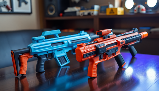Sci-fi futuristic star-wars inspired blaster foam weapons displayed on table