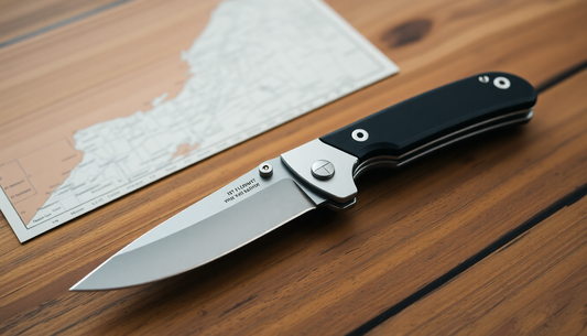 A folding knife on a wooden table with a New York map