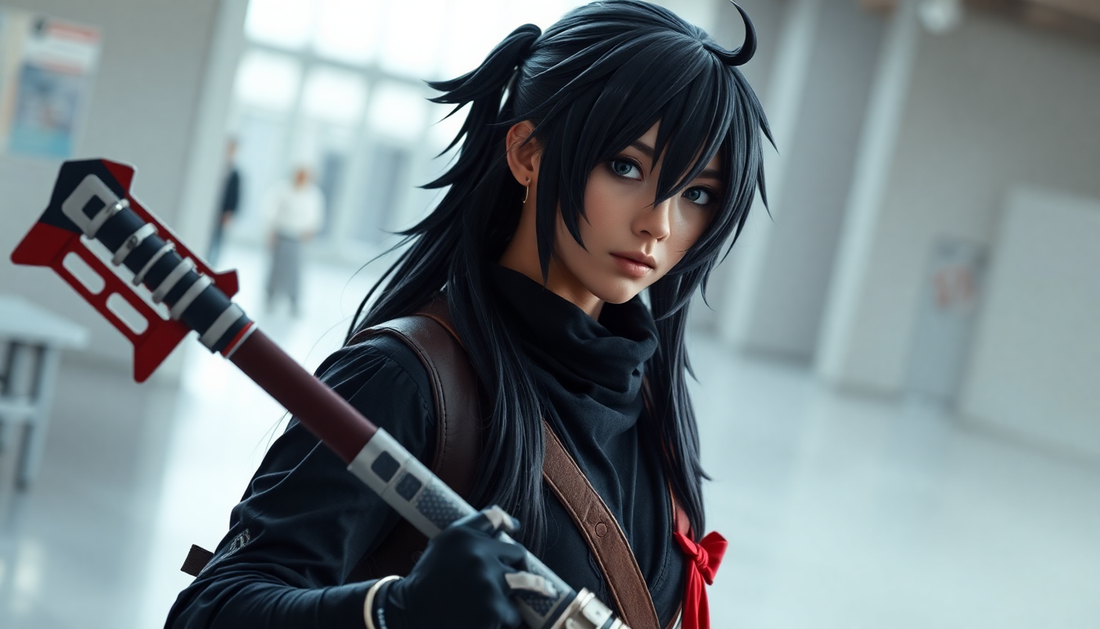 A realistic cosplayer holding a detailed anime foam weapon