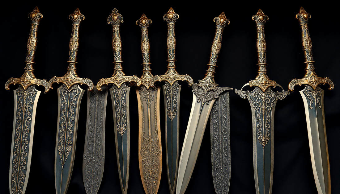 A display of ornate fantasy daggers with intricate designs
