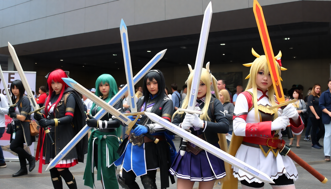 Professional anime cosplayers displaying intricately crafted foam swords and iconic props.