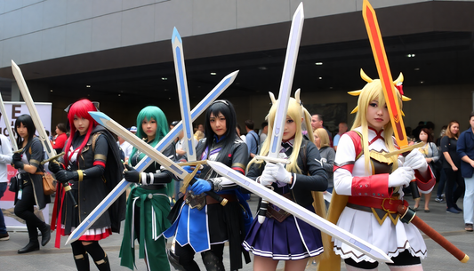 Professional anime cosplayers displaying intricately crafted foam swords and iconic props.
