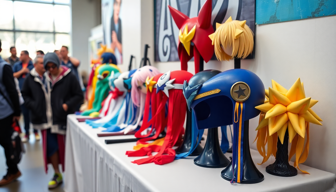 A variety of vibrant anime cosplay props displayed on a table