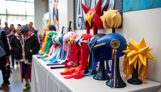 A variety of vibrant anime cosplay props displayed on a table
