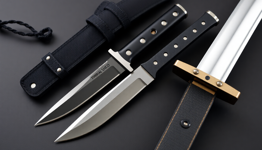 A tactical knife displayed alongside a hunting knife and katana