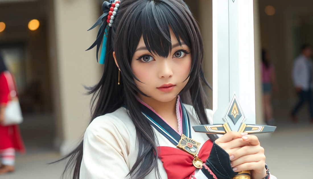 A cosplayer holding detailed anime swords and accessories