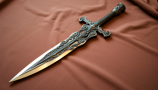 An ornate fantasy dagger displayed on a velvet cloth