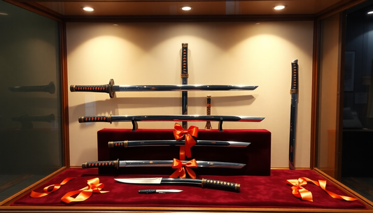 A luxurious gift-style display of samurai swords and hunting knives, arranged in a velvet-lined presentation case with soft lighting, ribbons, and a premium showcase atmosphere.