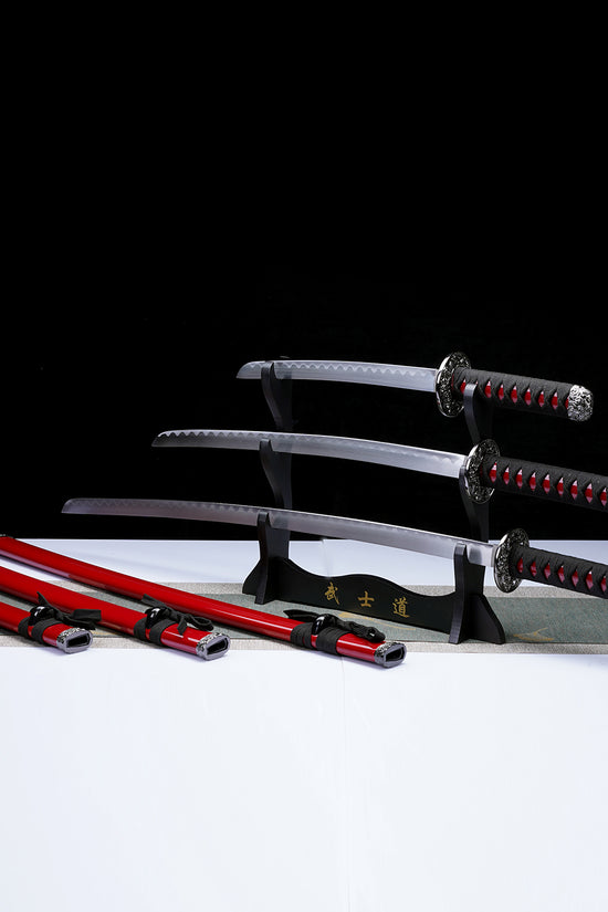 3 PCS Samurai Sword Set - Red Katana , Wakizashi and Tanto Set