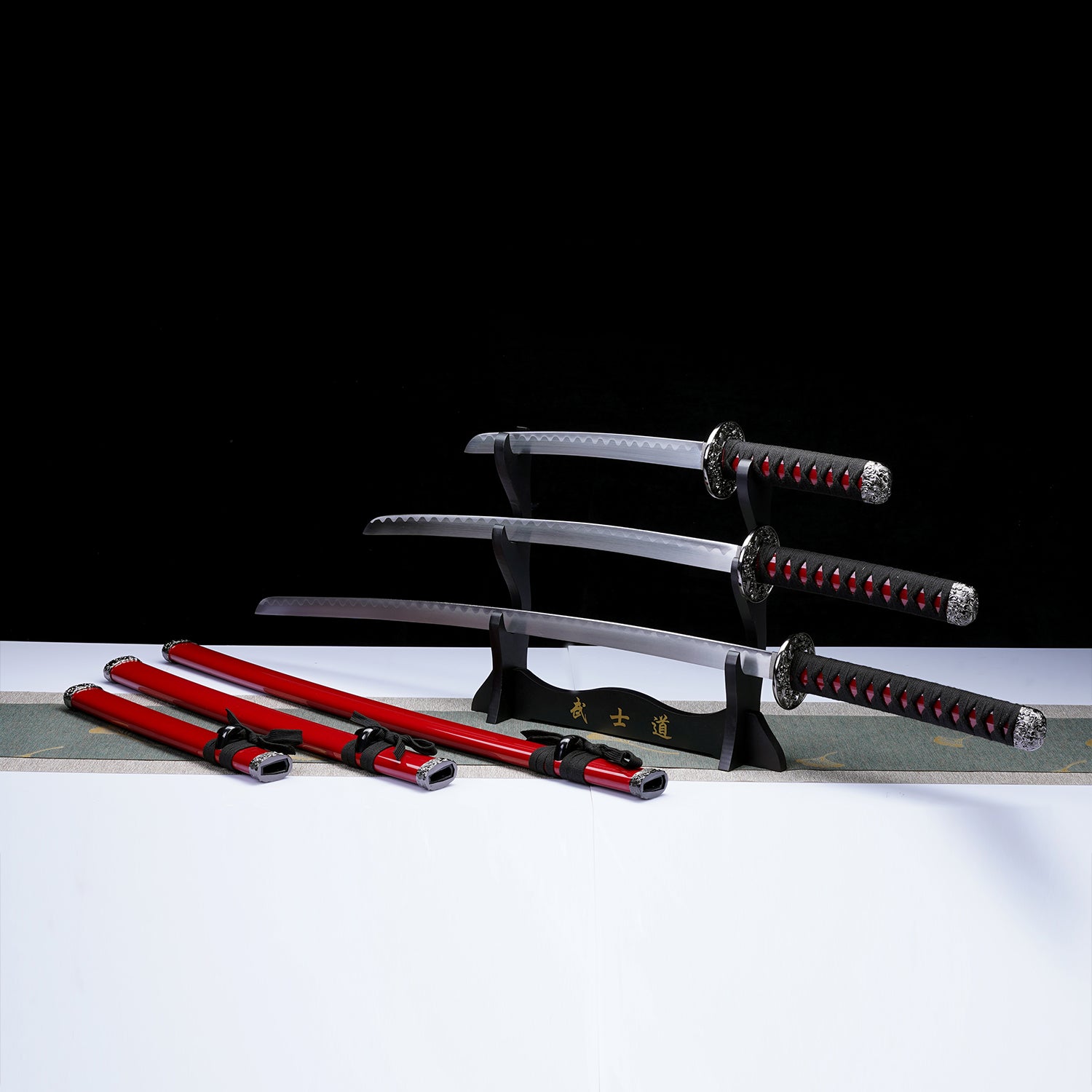 3 PCS Samurai Sword Set - Red Katana , Wakizashi and Tanto Set