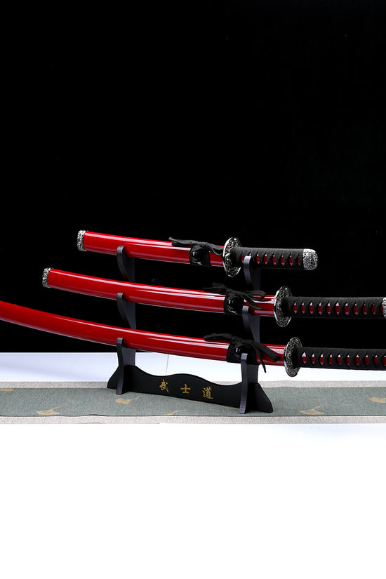 3 PCS Samurai Sword Set - Red Katana , Wakizashi and Tanto Set