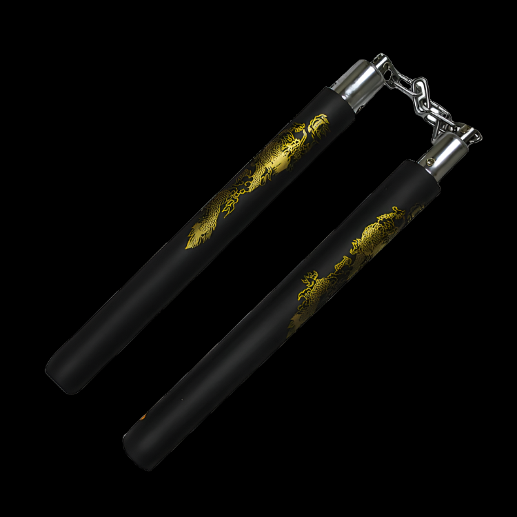 12 inch foam black nunchaku with gold dragon martial arts training gear