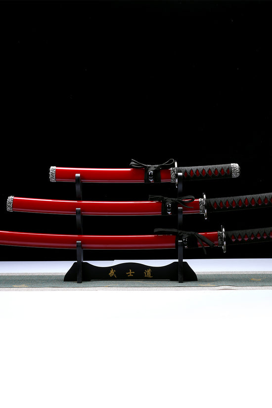 3 PCS Samurai Sword Set - Red Katana , Wakizashi and Tanto Set