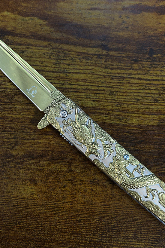 Falcon Dragon Engraved Gold Spring-Assisted Pocket Knife | KS3024GD