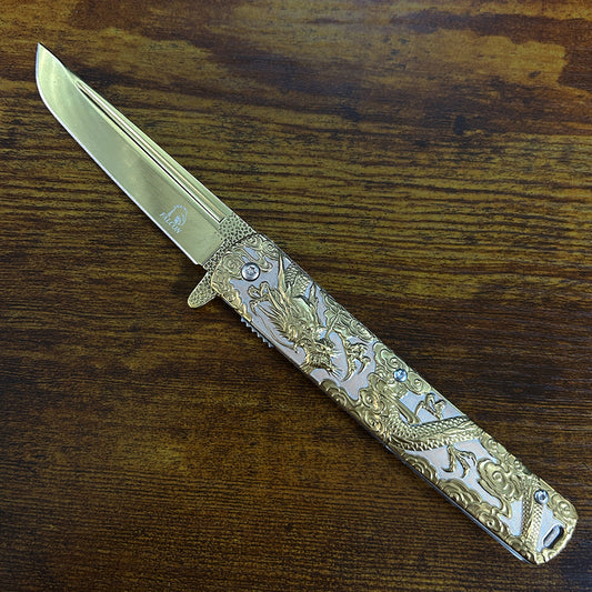 Falcon Dragon Engraved Gold Spring-Assisted Pocket Knife | KS3024GD