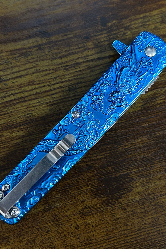 Falcon Dragon Engraved Blue Spring-Assisted Pocket Knife | KS3024BL
