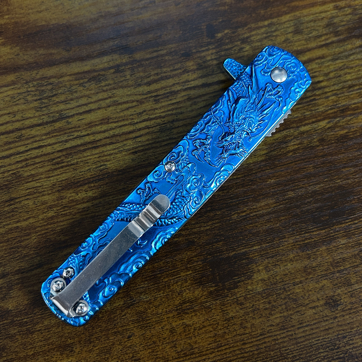 Falcon Dragon Engraved Blue Spring-Assisted Pocket Knife | KS3024BL