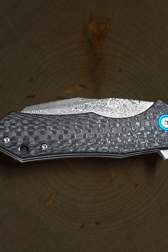 Damascus Ball Bearing Flipper Knife – Black Handle