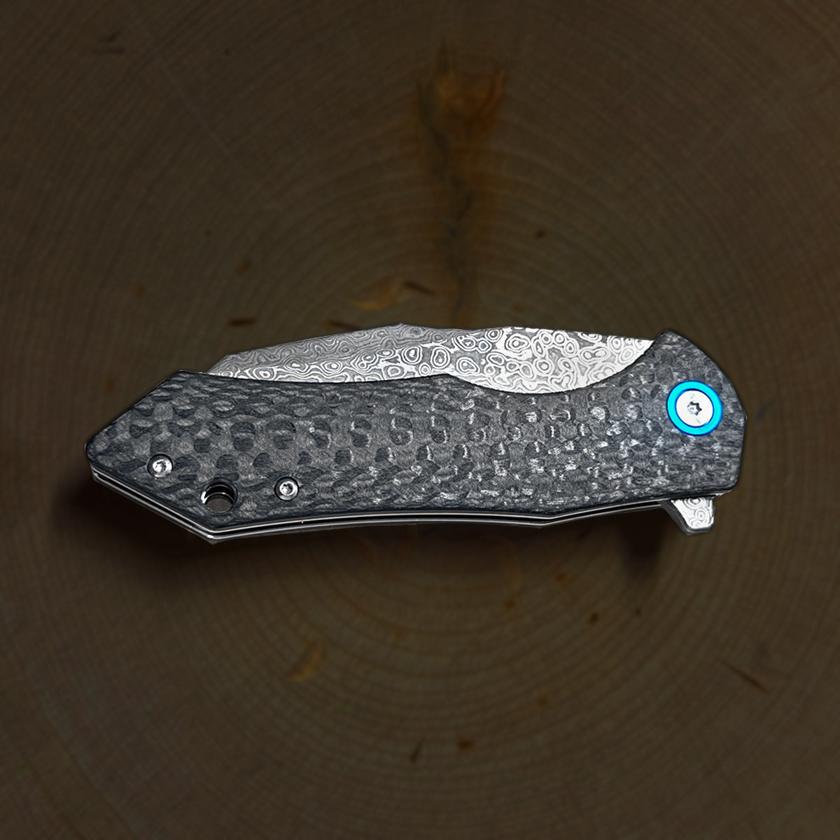 Damascus Ball Bearing Flipper Knife – Black Handle