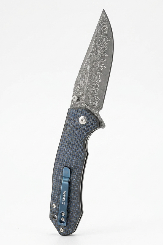 Damascus Ball Bearing Flipper Knife - Carbon Fiber Handle