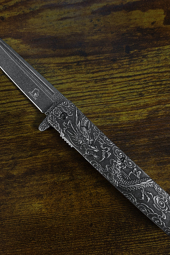 Falcon Dragon Engraved Black Spring-Assisted Pocket Knife | KS3024ST