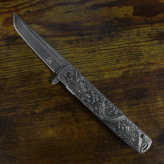 Falcon Dragon Engraved Black Spring-Assisted Pocket Knife | KS3024ST