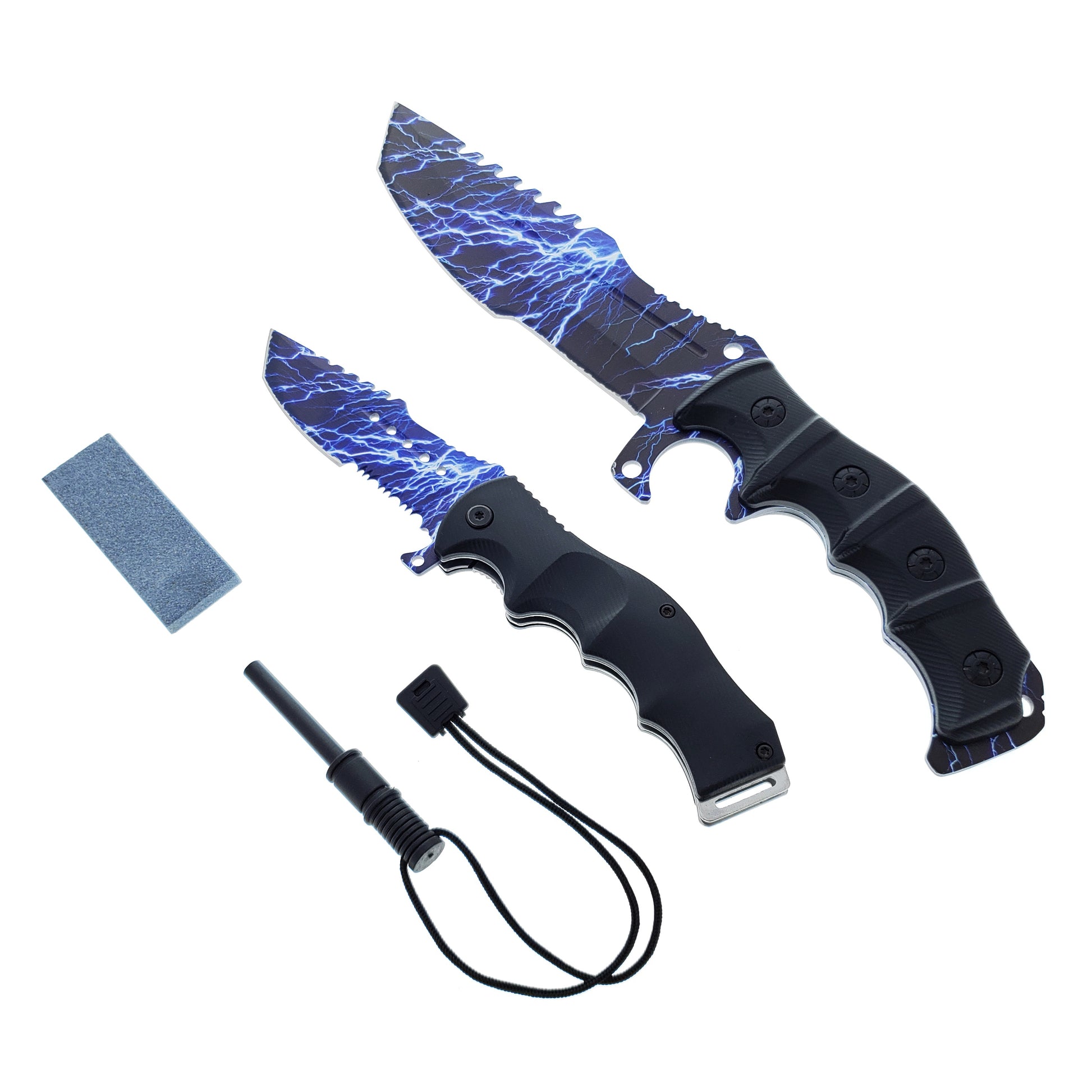 Falcon 2 Pc Hunting Knives Set with Fire Starter, Sharpener and Sheath featuring striking blue lightning design