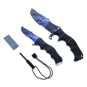 Falcon 2 Pc Hunting Knives Set with Fire Starter, Sharpener and Sheath featuring striking blue lightning design