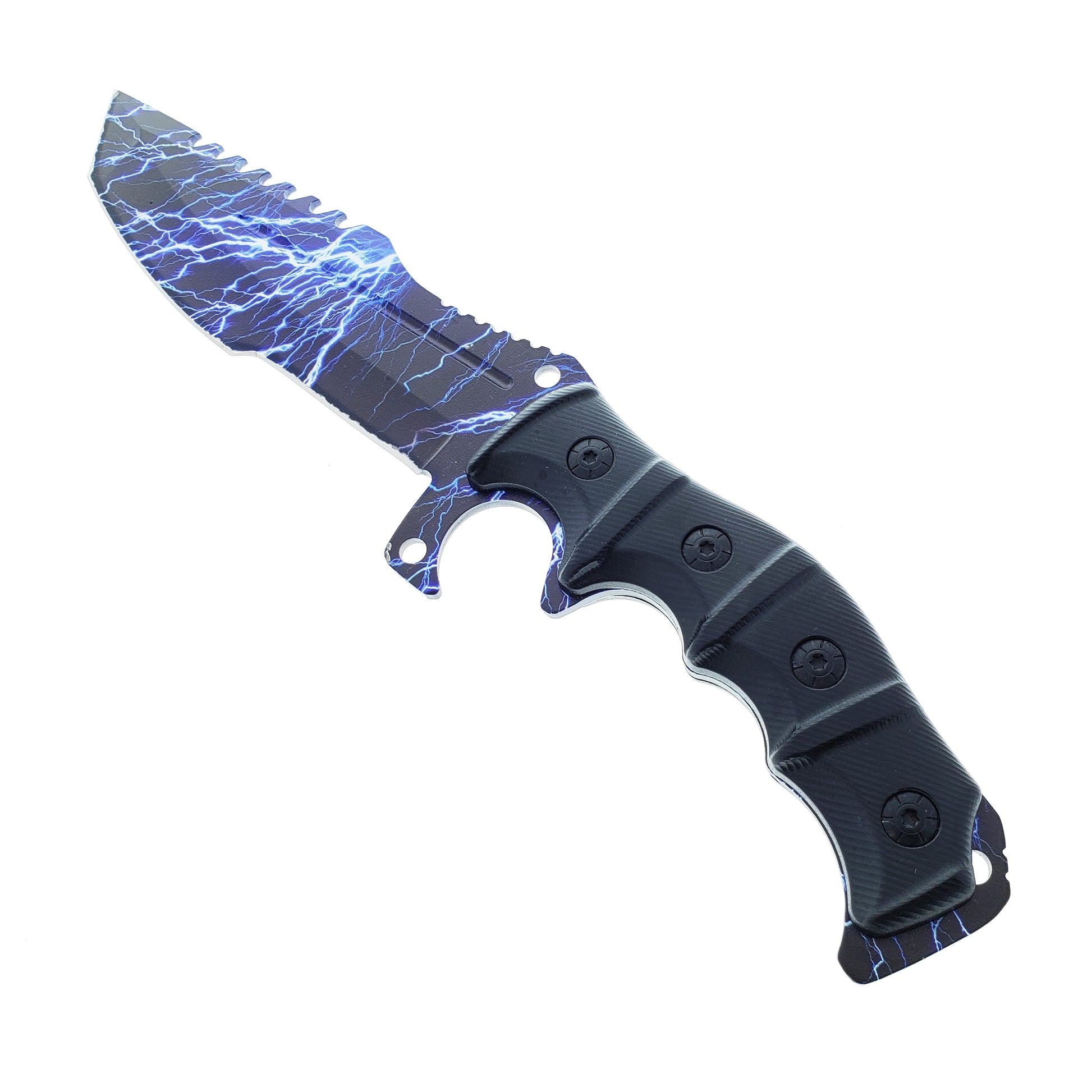 Falcon 2 Pc Hunting Knives Set with Fire Starter, Sharpener and Sheath, featuring a vibrant lightning design