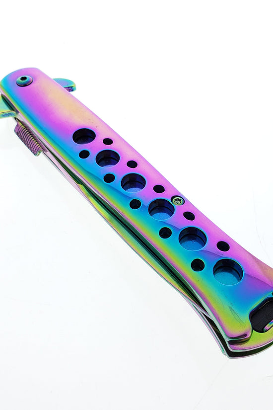 Falcon 9" Overall Metal Spring Assisted Knife With Rainbow Coating