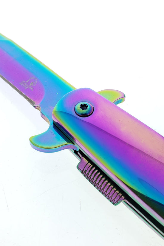 Falcon 9" Overall Metal Spring Assisted Knife With Rainbow Coating