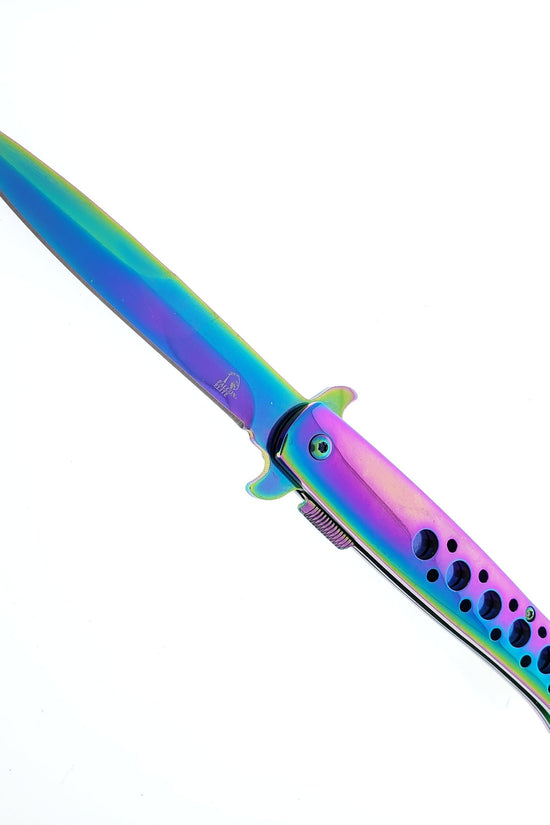 Falcon 9" Overall Metal Spring Assisted Knife With Rainbow Coating