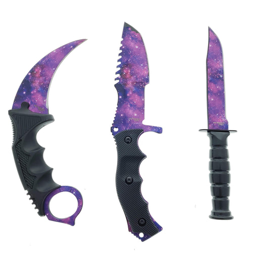 Falcon 3 PCS Purple Galaxy Set. Tactical Knives & Karambit