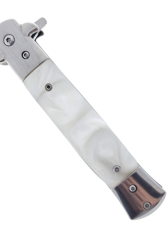 Falcon 9" Spring Assisted Stiletto Knife w/ faux White Marble Acrylic handle.
