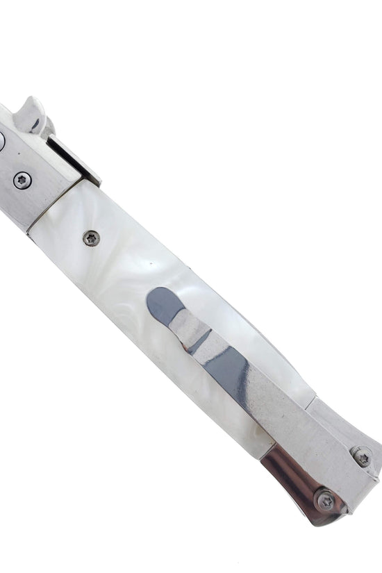 Falcon 9" Spring Assisted Stiletto Knife w/ faux White Marble Acrylic handle.