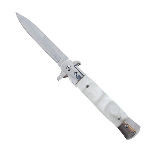 Falcon 9" Spring Assisted Stiletto Knife w/ faux White Marble Acrylic handle.