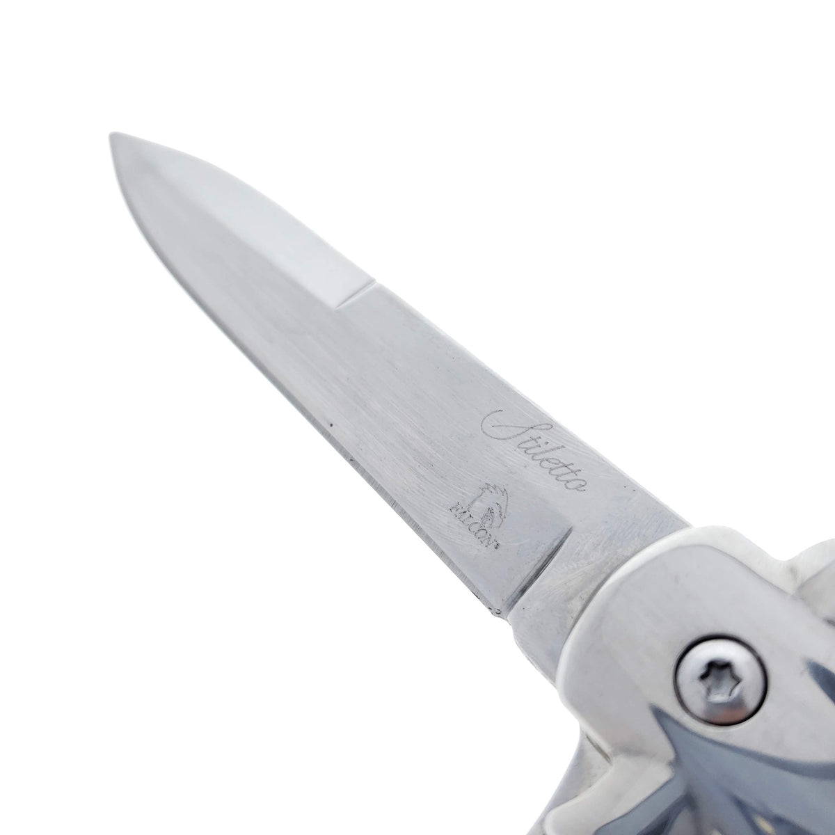 Falcon 9" Spring Assisted Stiletto Knife w/ faux White Marble Acrylic handle.
