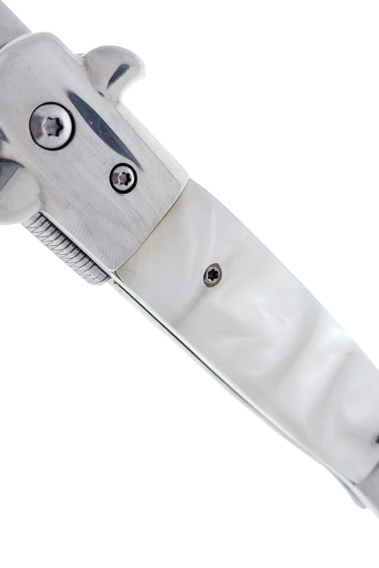 Falcon 9" Spring Assisted Stiletto Knife w/ faux White Marble Acrylic handle.