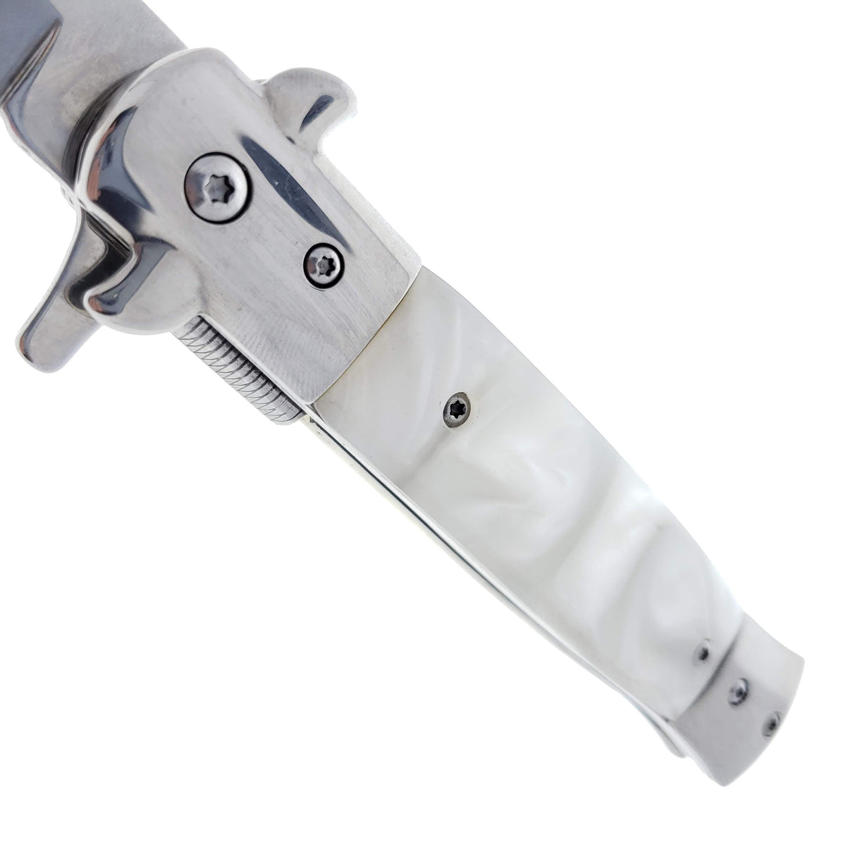 Falcon 9" Spring Assisted Stiletto Knife w/ faux White Marble Acrylic handle.