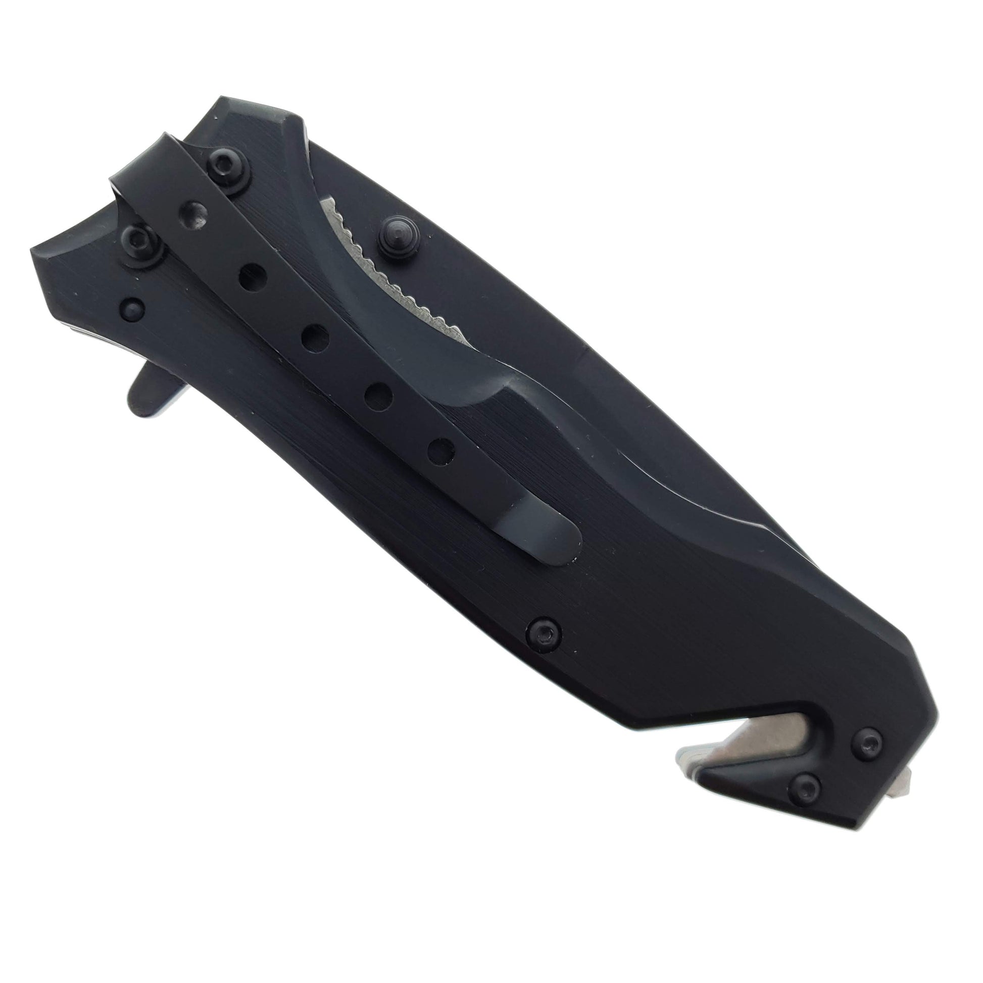 8" Black Spring Assisted Knife | Seat Belt Cutter & Glass Breaker folding pocket knife product photo