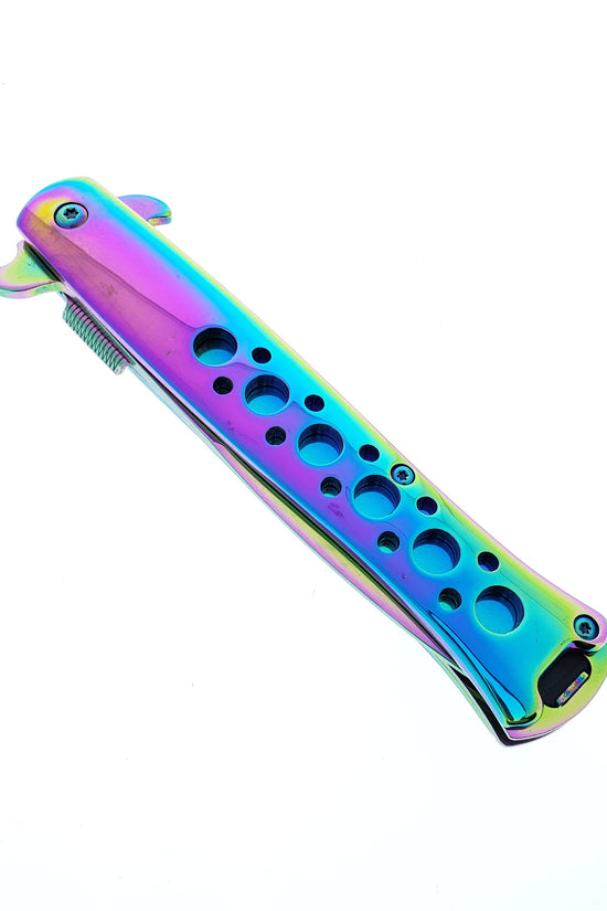 Falcon 9" Overall Metal Spring Assisted Knife With Rainbow Coating