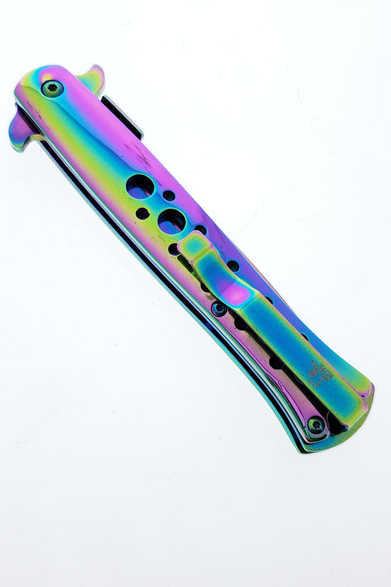 Falcon 9" Overall Metal Spring Assisted Knife With Rainbow Coating