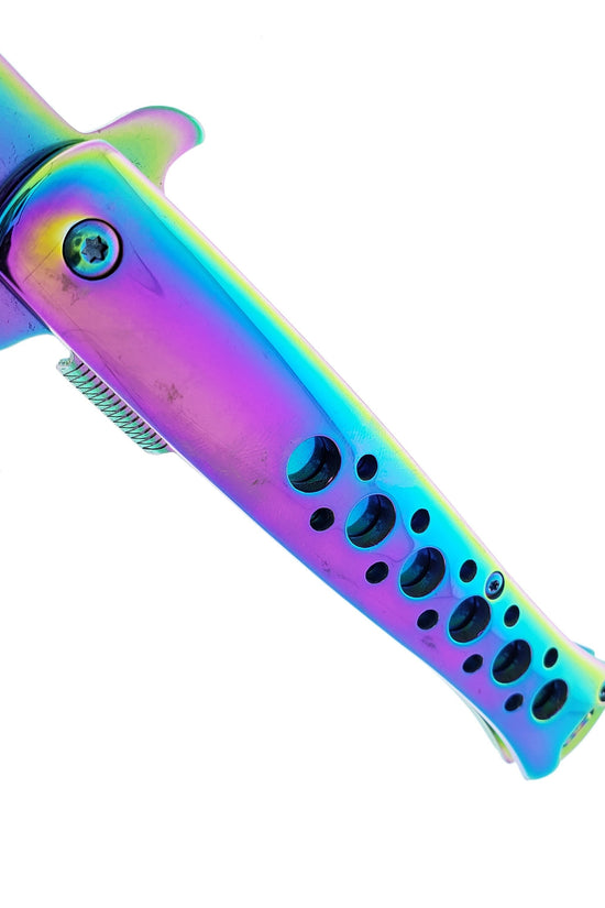 Falcon 9" Overall Metal Spring Assisted Knife With Rainbow Coating