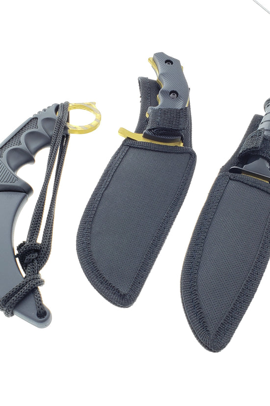 Falcon 3-Piece Gold Set. 7 1/2" & 8 1/2" Tactical Knife, 7 1/2" Karambit