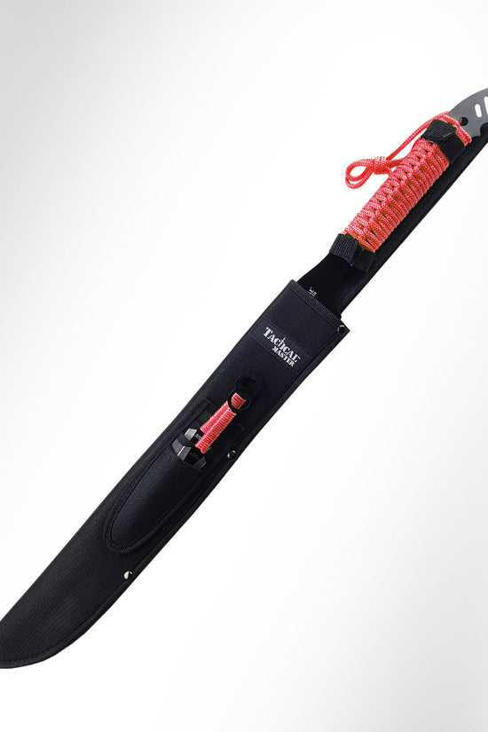 28" Red Machete w 3 Throwing Knives