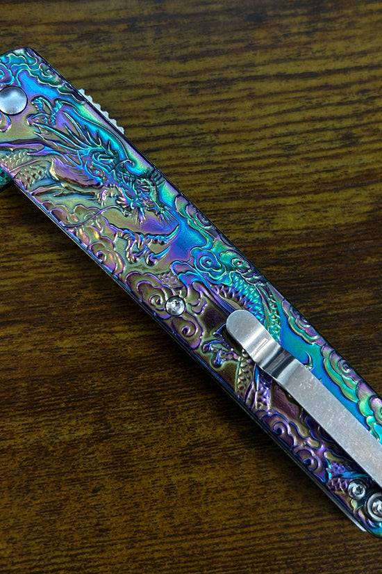 Falcon Dragon Engraved Rainbow Spring-Assisted Pocket Knife | KS3024RB