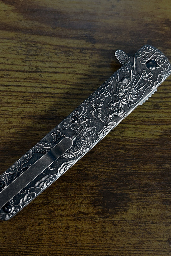 Falcon Dragon Engraved Black Spring-Assisted Pocket Knife | KS3024ST