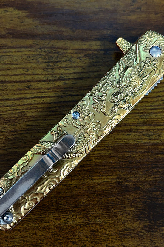 Falcon Dragon Engraved Gold Spring-Assisted Pocket Knife | KS3024GD