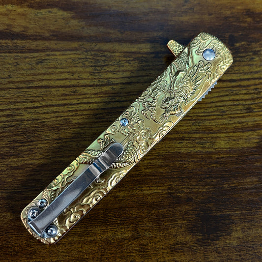 Falcon Dragon Engraved Gold Spring-Assisted Pocket Knife | KS3024GD