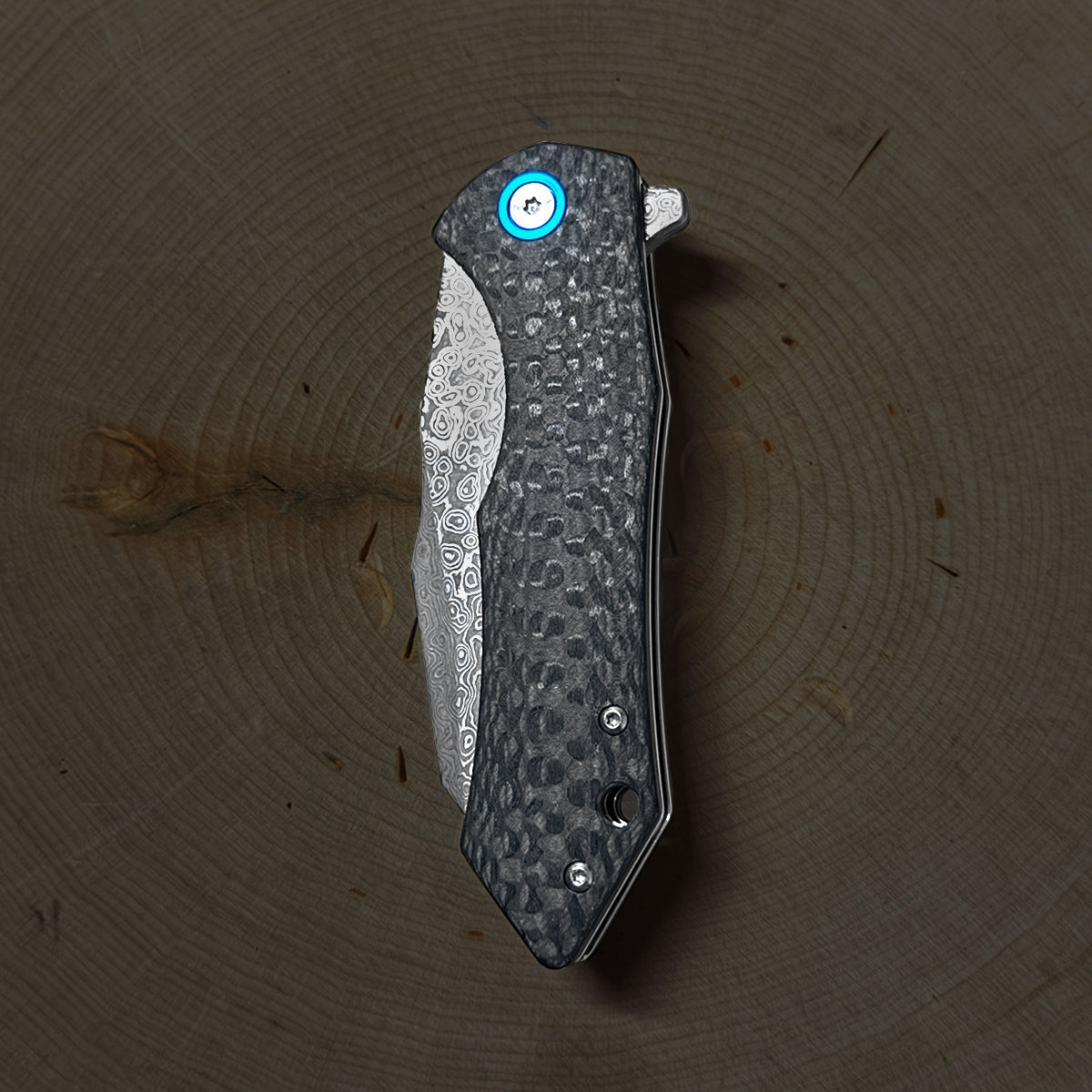 Damascus Ball Bearing Flipper Knife – Black Handle